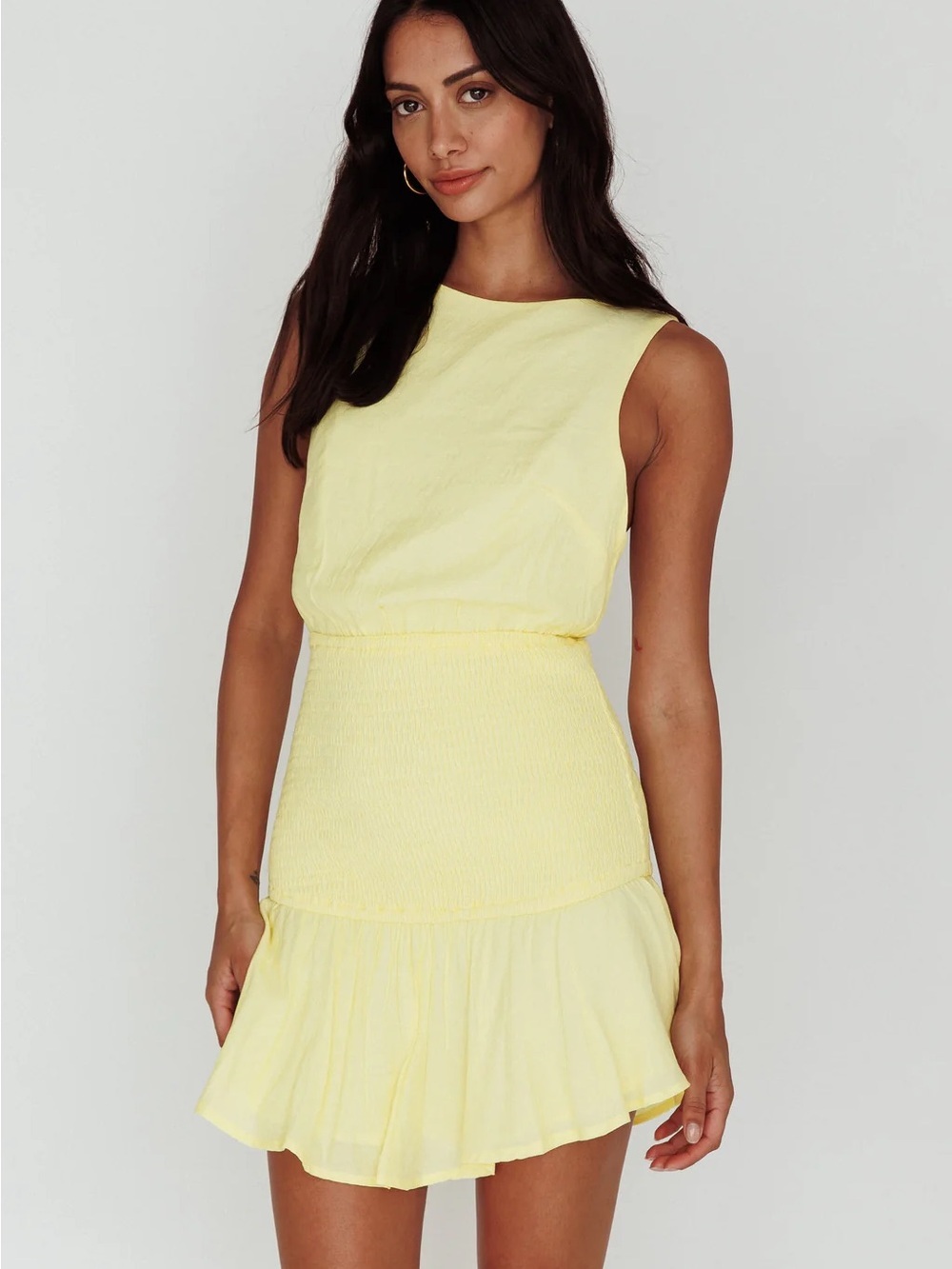 NWT Hello Molly Antonine Yellow Mini Dress Shirred Waist Open Back Cotton US 8